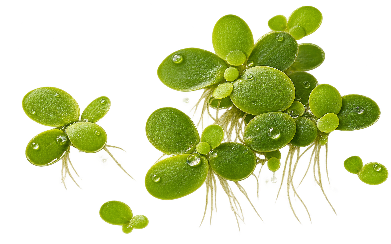 Close-up of Wolffia duckweed, the world's smallest flowering plant, floating on water